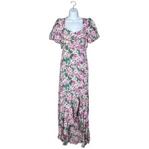 ASTR The Label Dayanara Dress Green Pink Floral Puff Sleeve Slit Maxi size Large